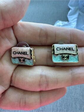 Luxury Jewelry Pink and Aqua Enamel Bag Stud Earrings